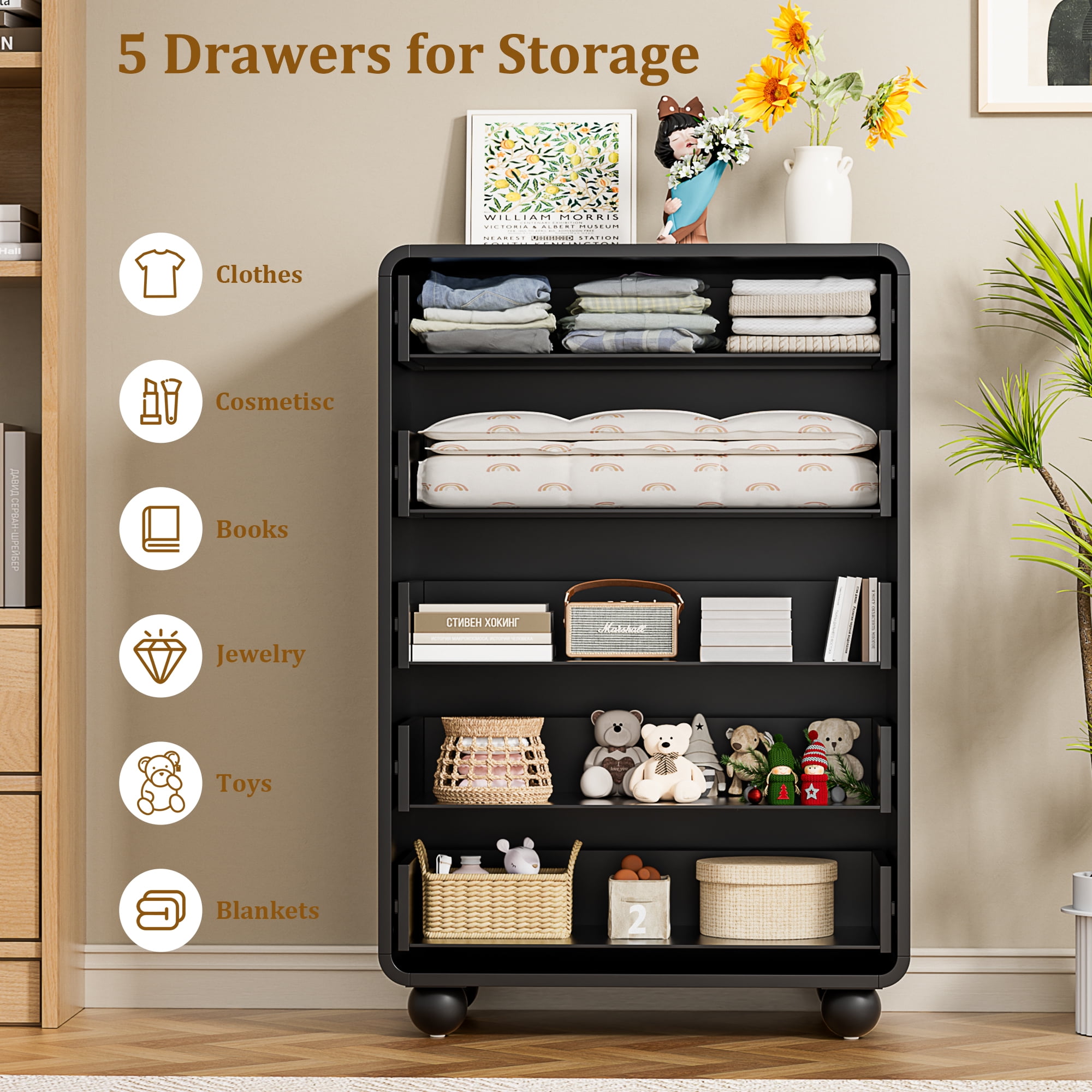Aufeile 41" Tall Dresser for Bedroom, 5 Drawer Modern Wood Dresser with Curved Profile, Chest of Drawers for Bedroom, Vertical Storage Cabinet for Living Room, Entryway, Black