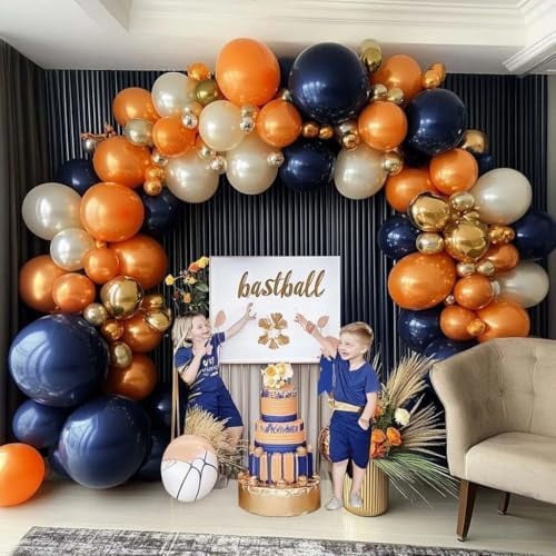Navy Blue Orange Balloon Garland Arch Kit, Double Stuffed Dark Blue Burnt Orange Pearl White Sand Gold Balloon for Birthday Baby Shower New Year Party Decoration