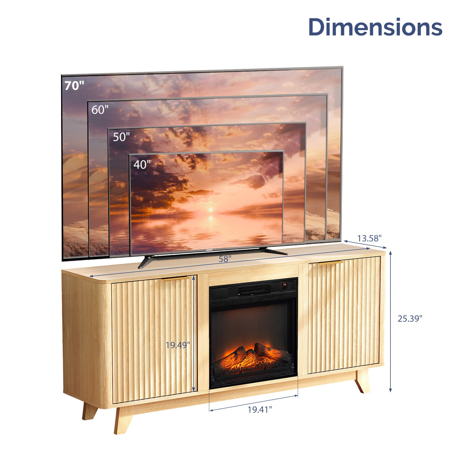 Paproos Fireplace TV Stand for TVs up to 70", 58" Modern Fluted TV Console with 19" Electric Fireplace, Entertainment Center with Doors, Media Console Table for Living Room, Oak