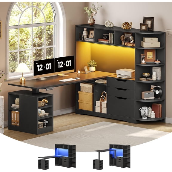 SEDETA 59" L Shaped Standing Desk with Hutch & 3 Drawers, Height Adjustable Corner Office Desk with Bookshelves, File Drawer, Power Outlet & LED Light for Gaming & Work, Black