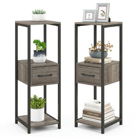 Spaco 2 Pack 3 Tier Tall Metal Plant Stand with Drawer and Display Shelf, Indoor Outdoor Tall Plant Shelf for Multiple Plants Pots-Gray