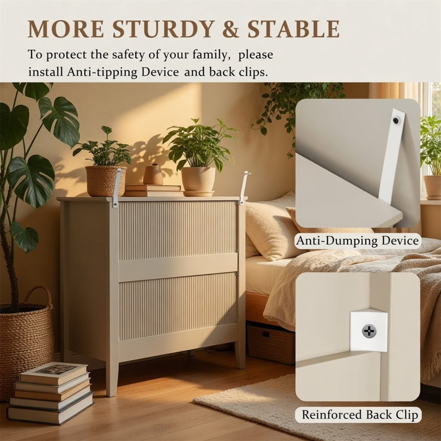 Hommoo 32"W Wooden Fluted 3-Drawer Nightstand, Large Modern Bedroom End Table, Beige