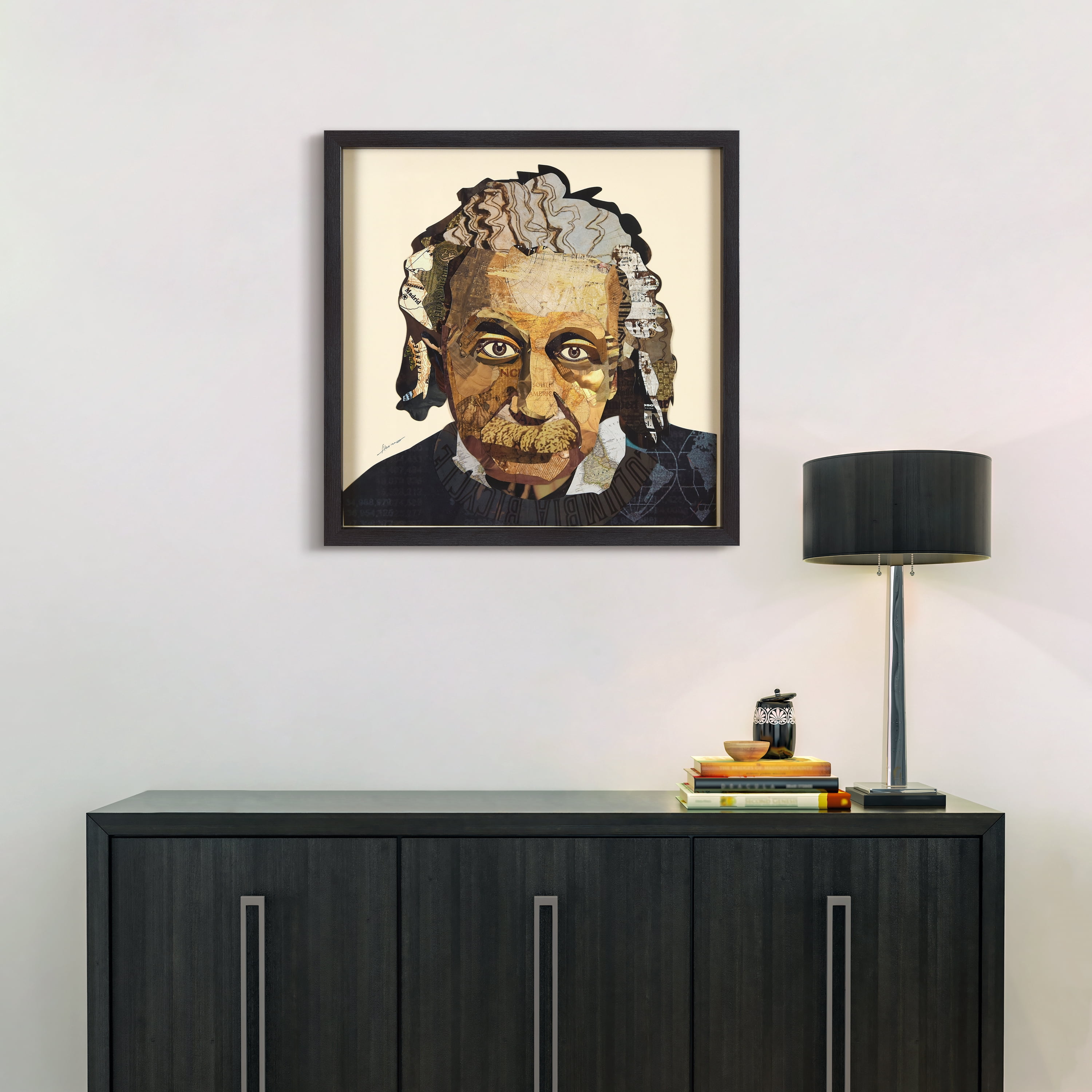 "Einstein" Alex Zeng’s dimensional collage, under glass & a black shadow box frame
