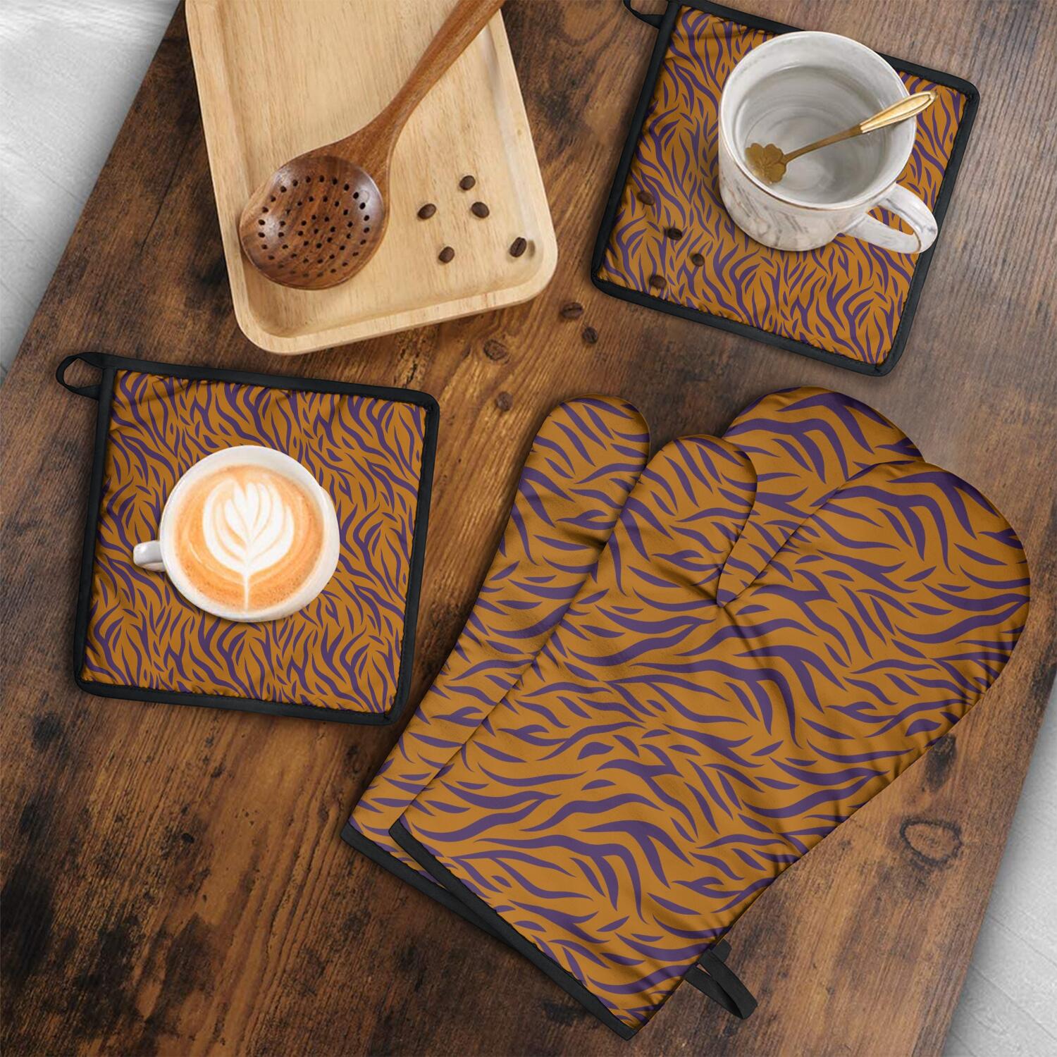 Leopard Print Oven Mitts and Pot Holders Set Of 4, Heat Resistant Kitchen Gloves with Non-Slip Grip, Hanging Loop, Soft Cotton Lining for Baking, Cooking, Grilling, Barbecue