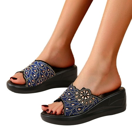 

〖Yilirongyumm〗 Blue 40 Sandals Women Sandals For Women Ladies Wedges High Heel Fish Mouth Casual Bohemian Beach Shoes Rhinestone Slippers