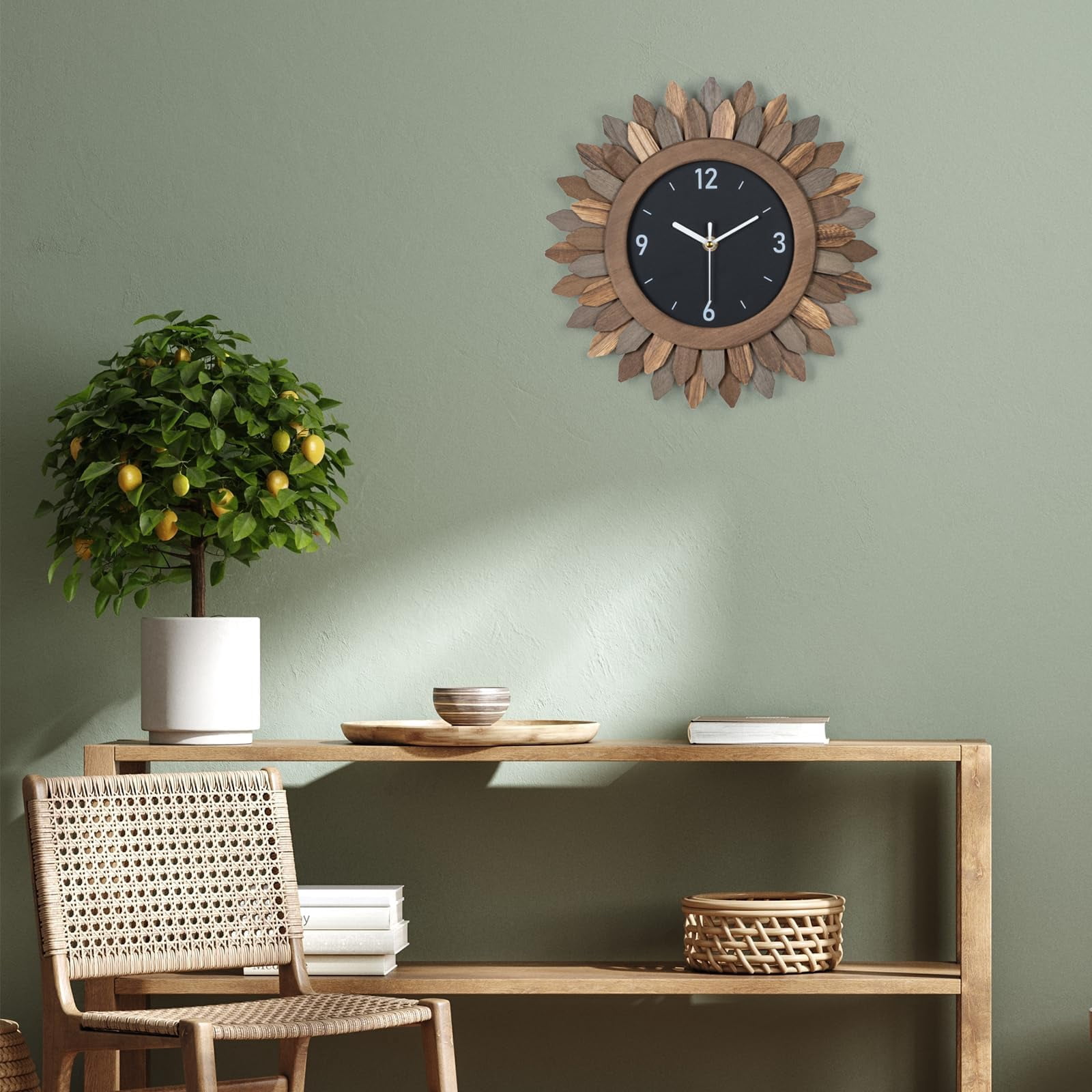 12 In Rustic Wood Boho Sunburst Decorative Wall Clock Silent Non Ticking Farmhouse Small Wall Clocks for Living Room Kitchen Bedroom Decor (Tricolor)