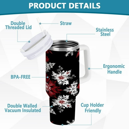 

YAZAOO Tumbler 40oz Insulated Stainless Creative Crimson and White Floral Snowflakes Pattern Steel Water Bottles