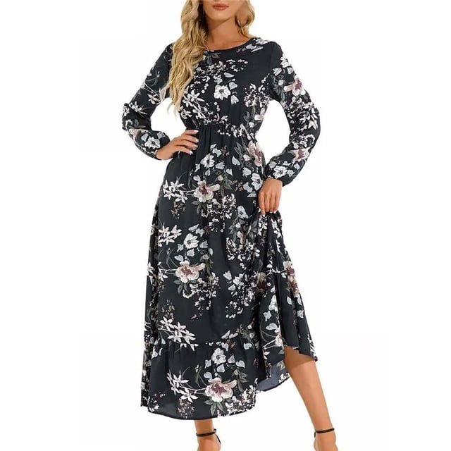 Gibobby Vestido de manga larga Vestido largo informal de manga larga con cuello redondo y estampado floral elegante para mujer para otoño(Negro,CH)
