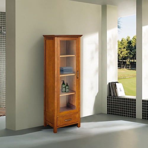 Oak Finish Floor Cabinet Curio Case Display Storage Shelf Glass Doors Elegant