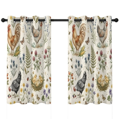 Country Roosters Blackout Curtains 54 Inches Long Rustic Hen Nests Flower Botanical Beige Thermal Insulated Room Darkening Drapes with Grommets for Living Room 42 W x 54 L 2 Panels