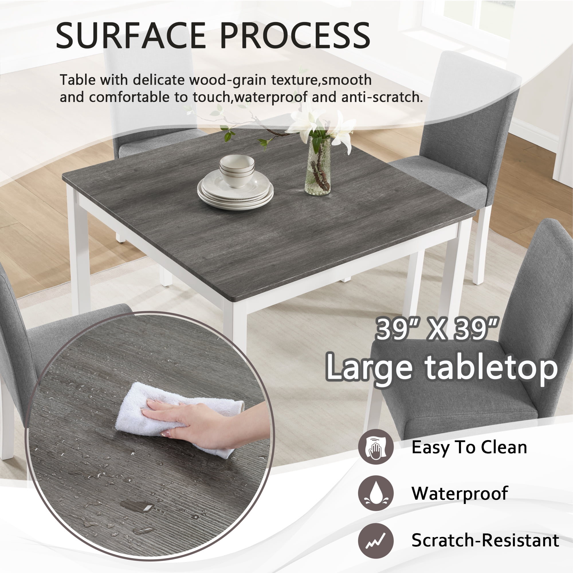 5-Piece Dining Table Set for 4, 39" Square Kitchen Table with 4 Fabric Chairs