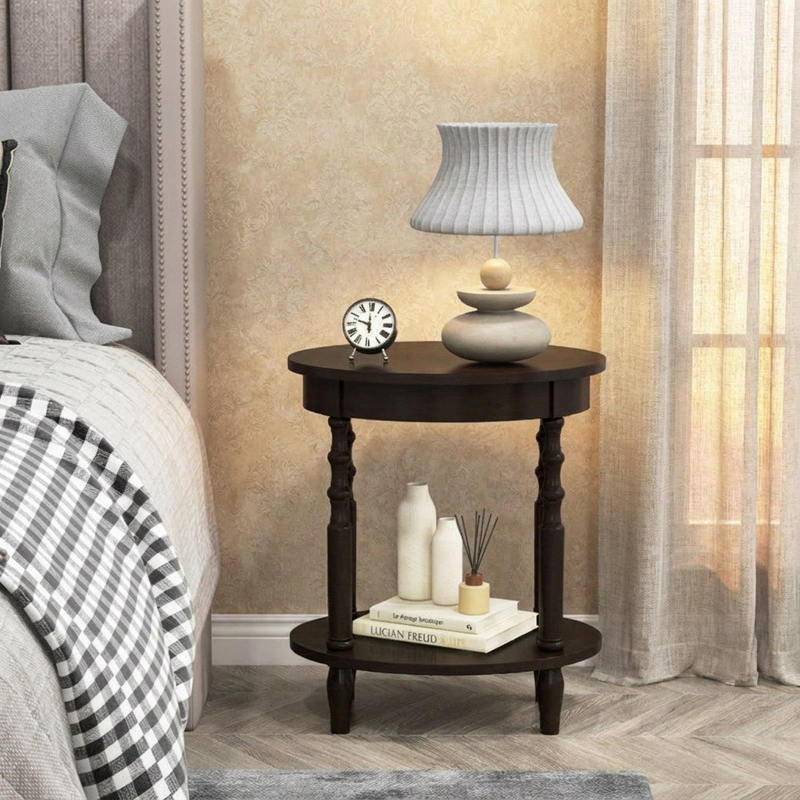 Furnibear 2-Tier Oval Side Table with Storage Shelf and Solid Wood Legs for Living Room Bedroom Sofa Side Nightstand Small Spaces, Espresso
