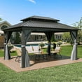 thumbnail image 2 of Dextrus 12x16ft Hardtop Gazebo with Nettings and Curtains, Heavy Duty Double Roof Galvanized Steel Outdoor Combined of Vertical Stripes Roof for Patio, Backyard, Deck, Lawns, Gray, 2 of 6