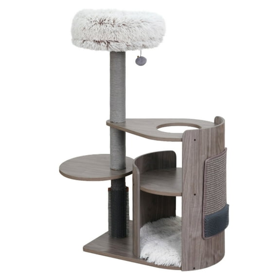 PetPals 4-Level Cat Tower with Curved Wood Hideaway, Paper Scratching Posts, Sisal Mat and Groomer