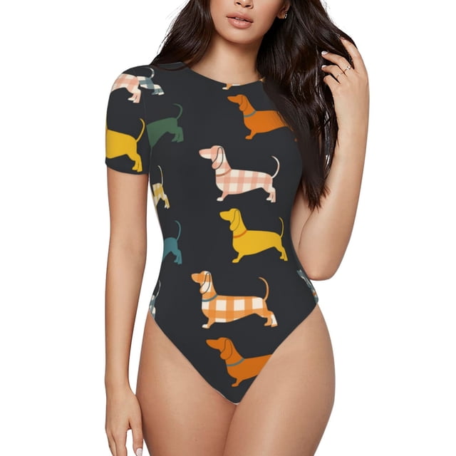Kdxio Justaucorps à Manches Courtes pour Femme à Imprimé Teckel à Carreaux Col Ras du Cou Modal Doux Confortable Coupe Aguichant Haut-X-Grand