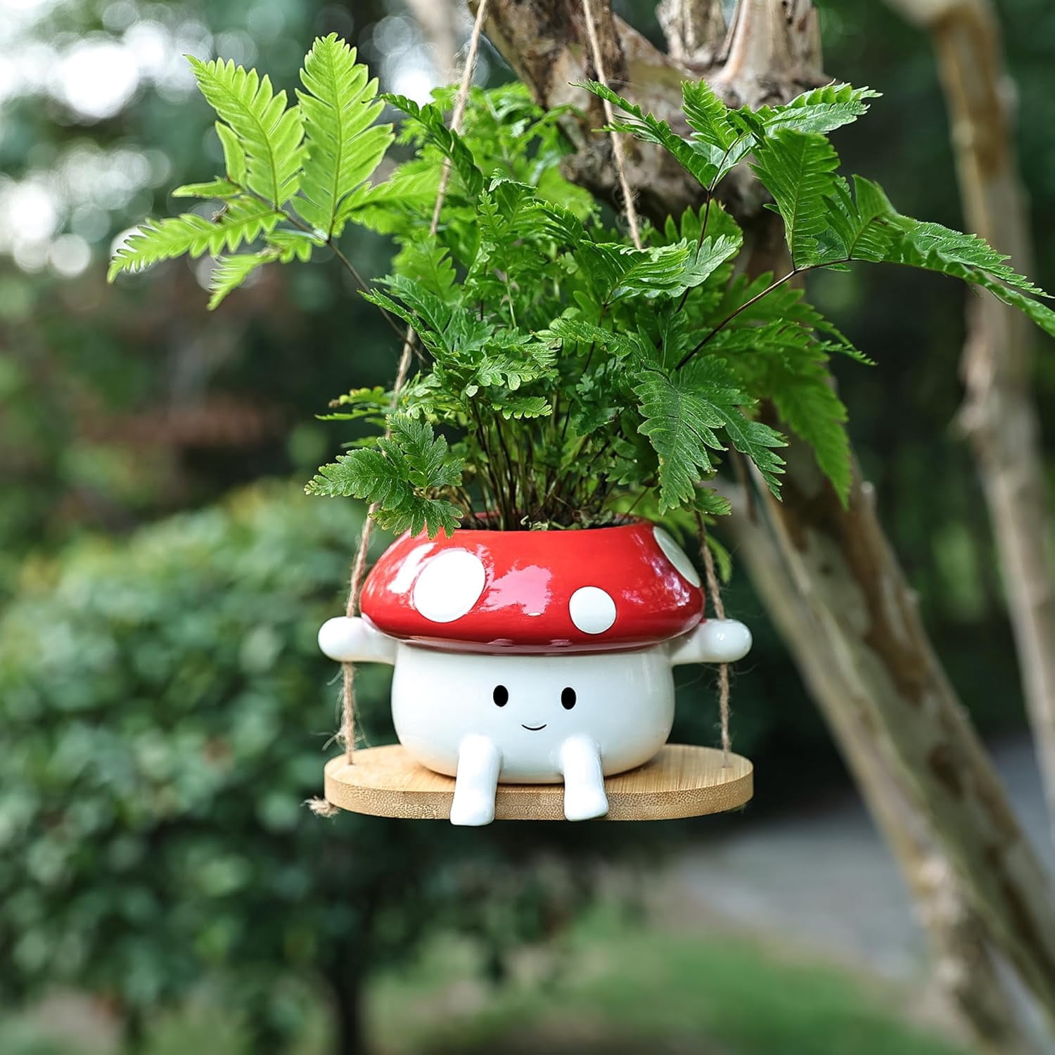 Mushroom Hanging Planter Pot, Cute Ceramic Swing Face Planter for Indoor & Outdoor, Unique Mushroom Planters for Succulents, String of Pearls Plant, Small Red & White