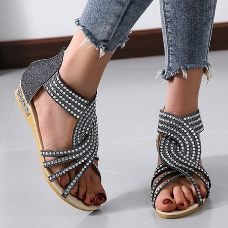 

Cathalem Women Breathable Rhinestones Sandals Zipper Wedges Toe And Open Spring Shoes Casual Clear Rhinestone Sandals for Women Black 9