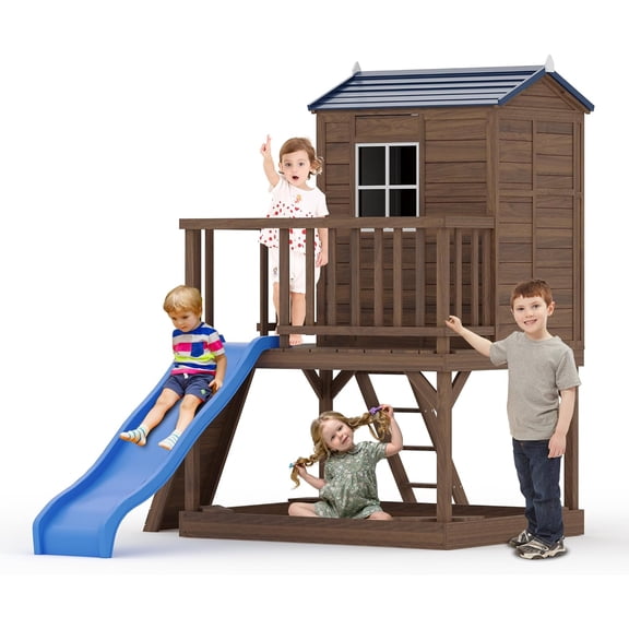 Roromall Wooden Outdoor Playhouse with Slide, 2 Story Kids Playhouse with Sandbox, Elevated Cedar Wooden Kids Playhouse with Step Ladder