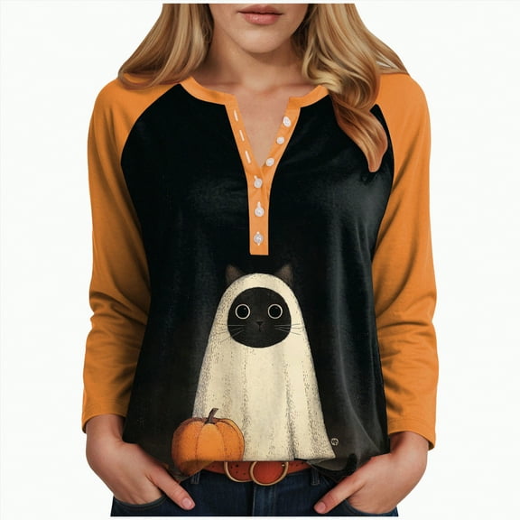 Godom Women's Halloween Long Sleeve V Neck Shirt Funny Graphic Top Fall Casual Loose Holiday T-Shirt