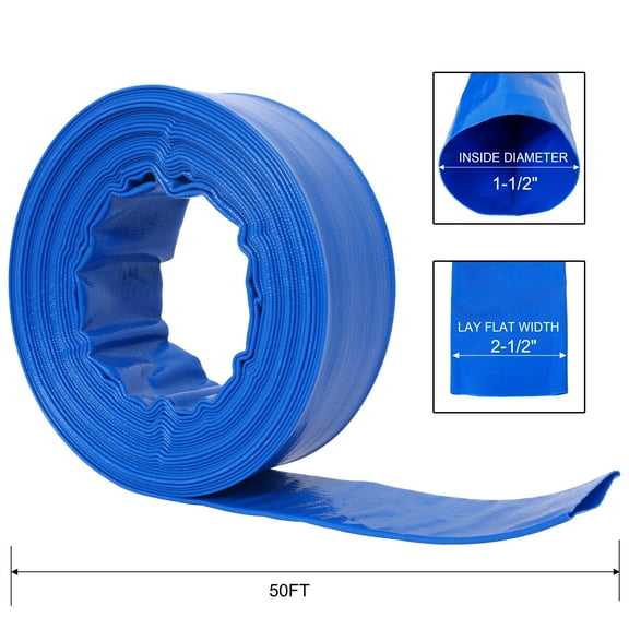 1-1/2"(Flat 2.6") widthx 50 FT Swimming Pool Filter Backwash Hose, Blue Heavy Duty Reinforced VC Discharge Hose Lay Flat Water Discharge Hose for Swimming Pool Filter Pump,with 2 Clamp
