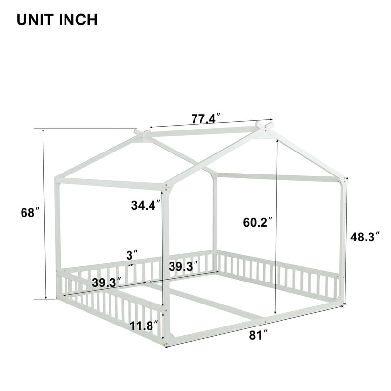 Double Twin Size House-Shaped Canopy Floor Bed with Safety Guardrails, Kids Wooden Low Profile Bed Frame with Open Roof Design