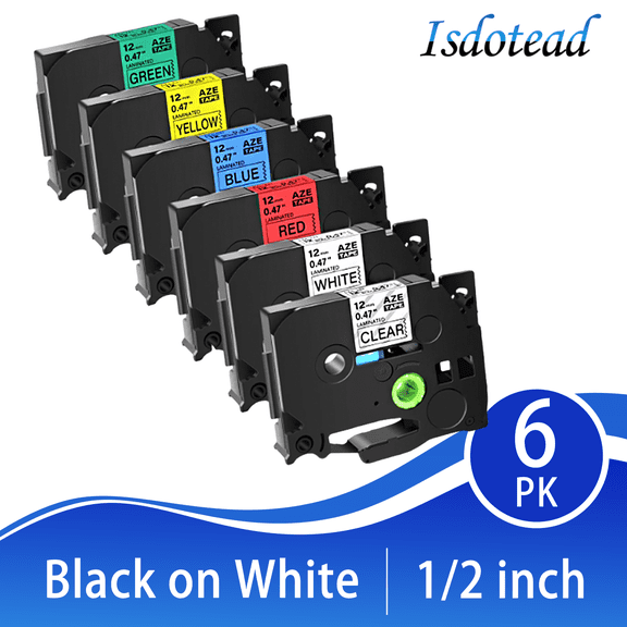 Isdotead 6-Pack Compatible with Brother P Touch TZe TZ Label TapeTZe 131 231 431 531 631 731 12mm 0.47 Laminated (White/Clear/Red/Blue/Yellow/Green) for Ptouch PT-D210 H110 D220 D400 D410 Label Maker