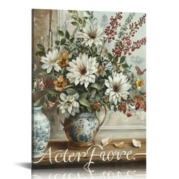 EastSmooth Farmhouse Floral Bathroom Wall Art White Flowers Butterfly Pictures Country Floral Canvas Painting Rustic Bathroom Decor Framed Artwork for Bathroom Bedroom Living Room Kitchen