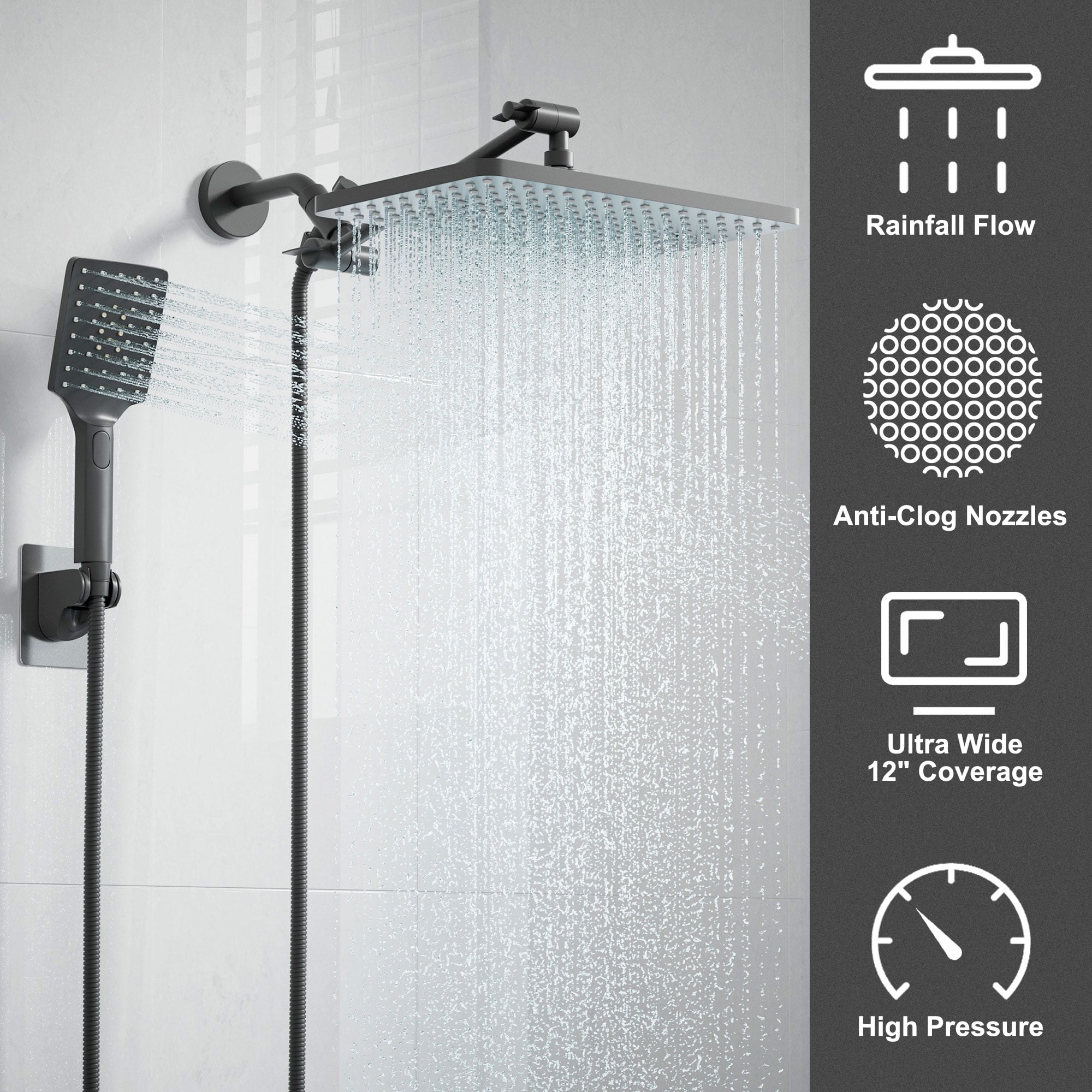 DTIG Shower Head Set High Pressure Rainfall Rain Shower Head 3-Setting Handheld with Hose Black