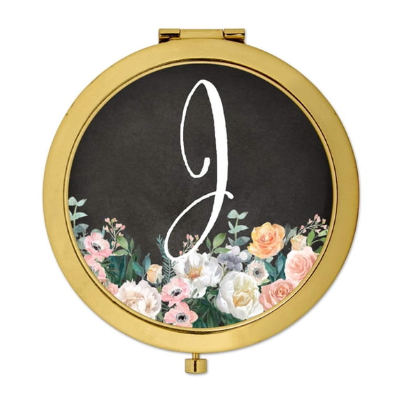 Koyal Wholesale Gold Compact Mirror Bridesmaid's Wedding Gift, Peach Flower Florals on Chalkboard, Monogram Letter J