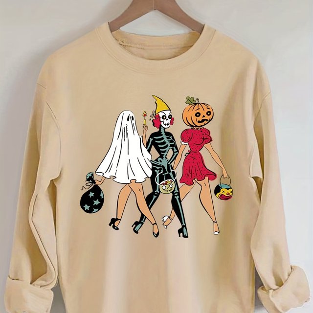 Sudadera Con Estampado De Halloween, Sudadera Informal De Manga Larga Con Cuello Redondo Para Otoño E Invierno, Ropa De Mujer