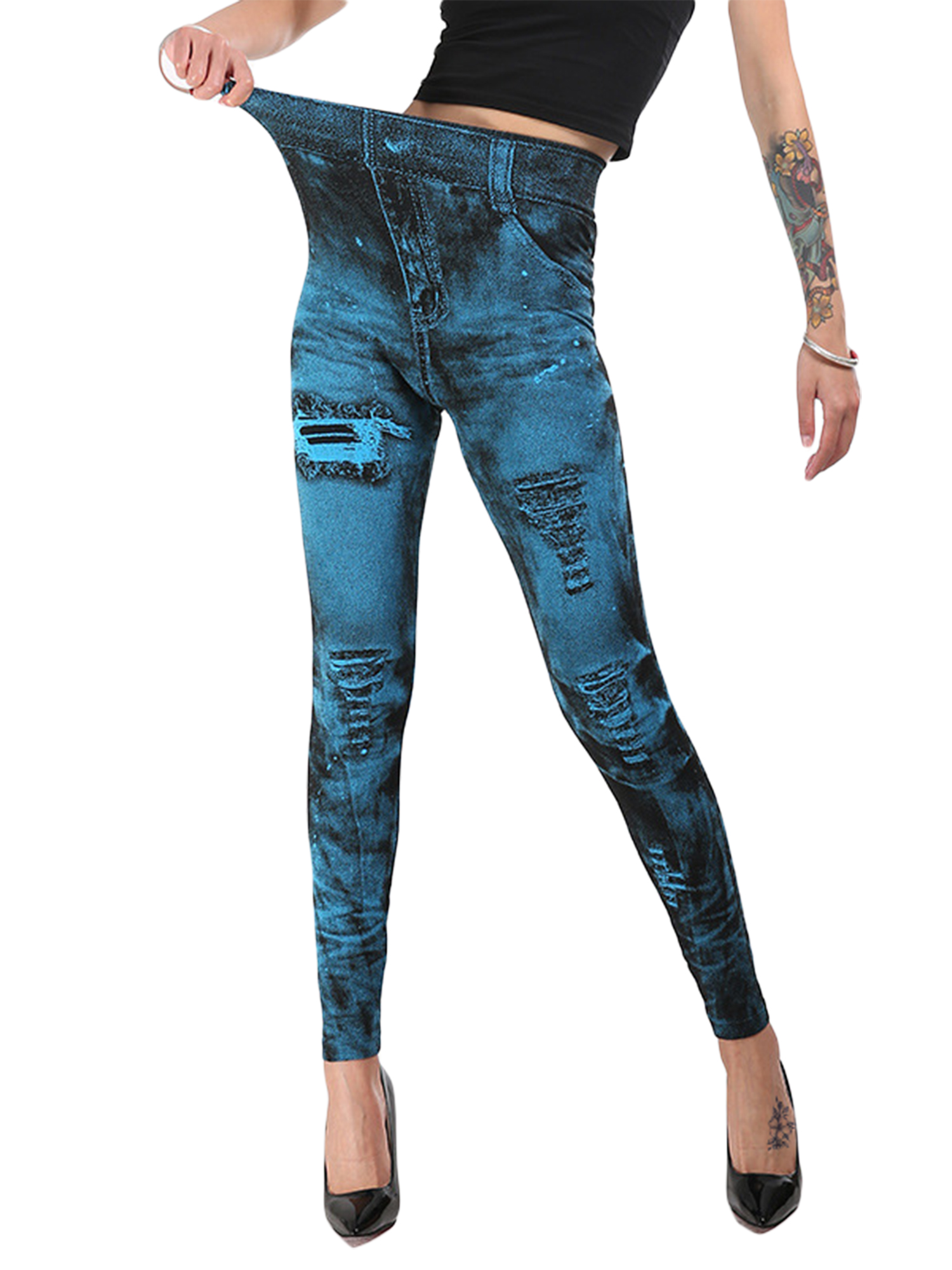 Ladies Skinny Jeans Stretch Jeans High Waisted Leggings Denim Print Distressed Jeans For Women Seamless Full Length Pencil Pants - image 3 of 4