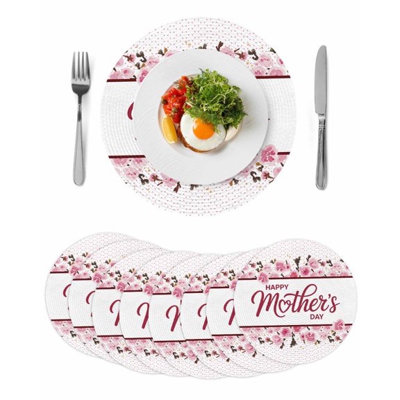 Pink Mother's Day Round 15 Inch Placemats Set of 8, Watercolor Flowers Modern Polka Dot Striped HeatResistant Non Slip Place Mats for Dining Table, Wipeable Kitchen Table Mats for Housewarming