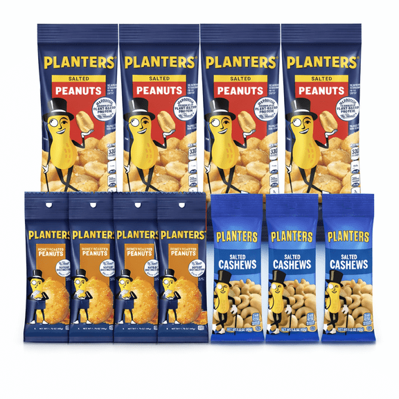 Planters Snack Variety Pack, 10 Count – 4 Salted Peanuts, 3 Honey Roasted Peanuts & 3 Salted Cashews