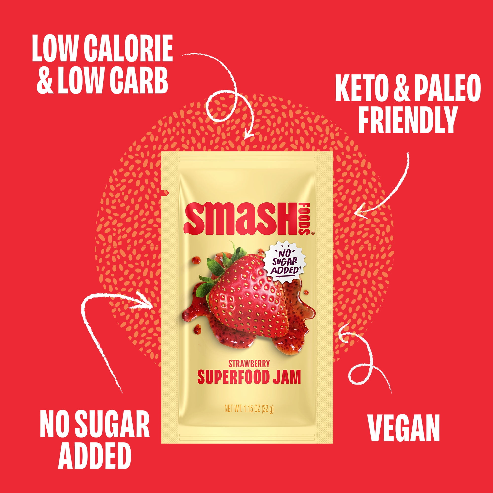 Smash Foods Strawberry Jam Packets, No Sugar Added, Keto, Vegan, 10 Count