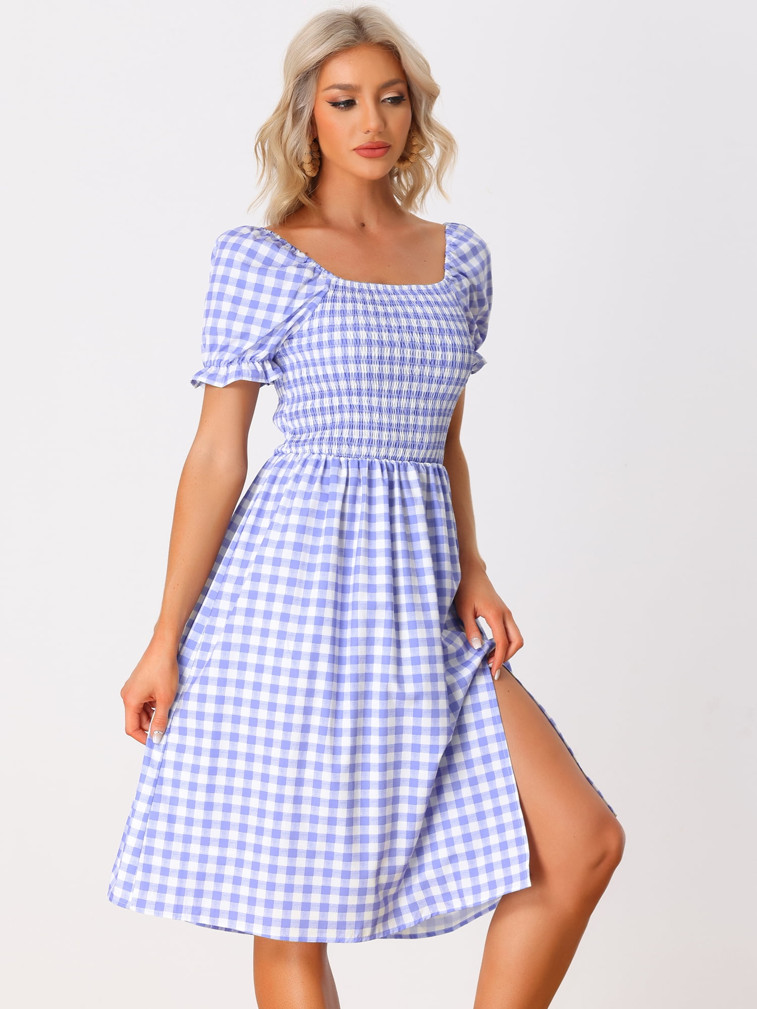 Unique Bargains Women's Gingham Short Sleeve Casual Plaid Smocked Dress XS Purple