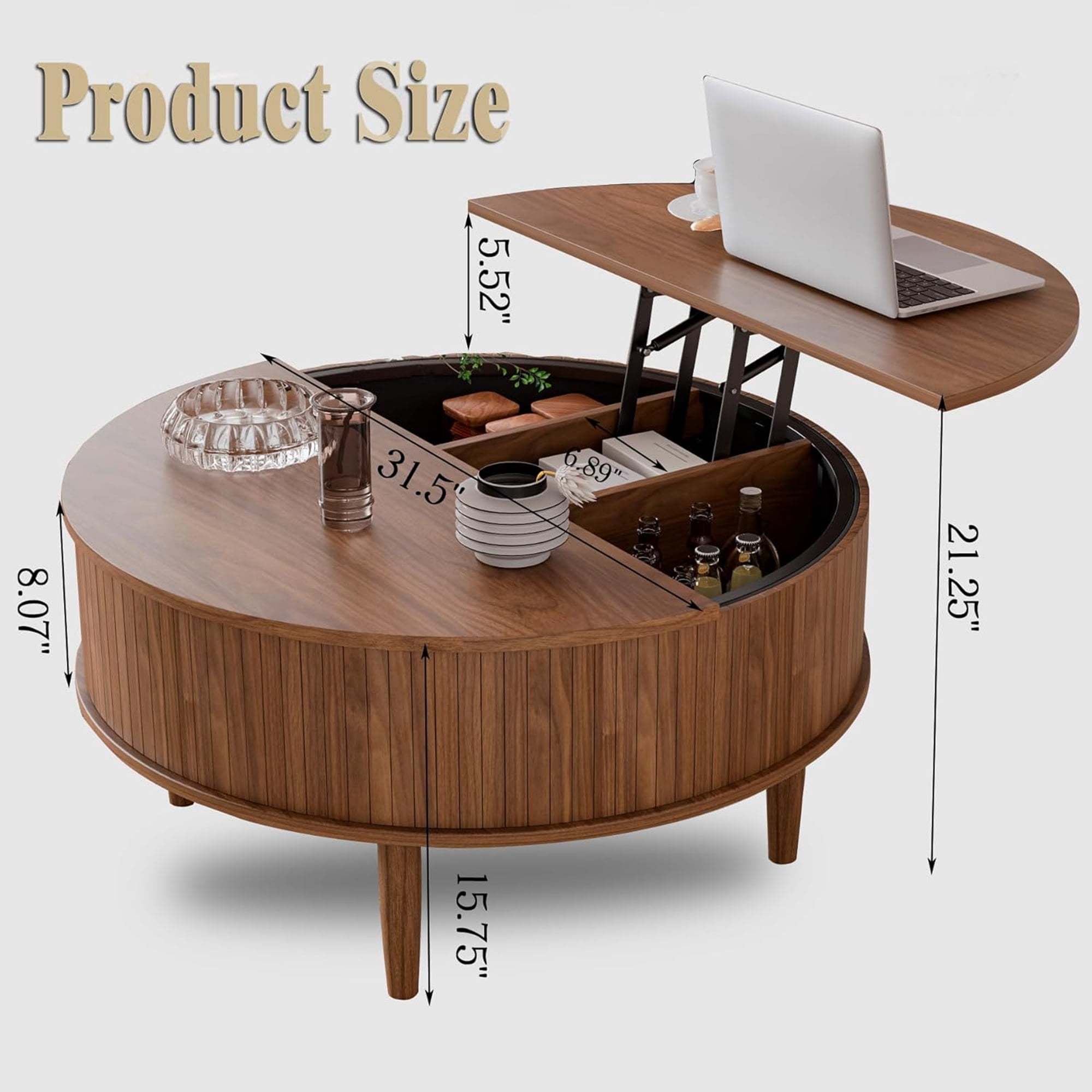 Round Lift Top Coffee Table with Storage, Center Table with Hidden Compartment, Circle Coffee Table for Living Room, Walnut