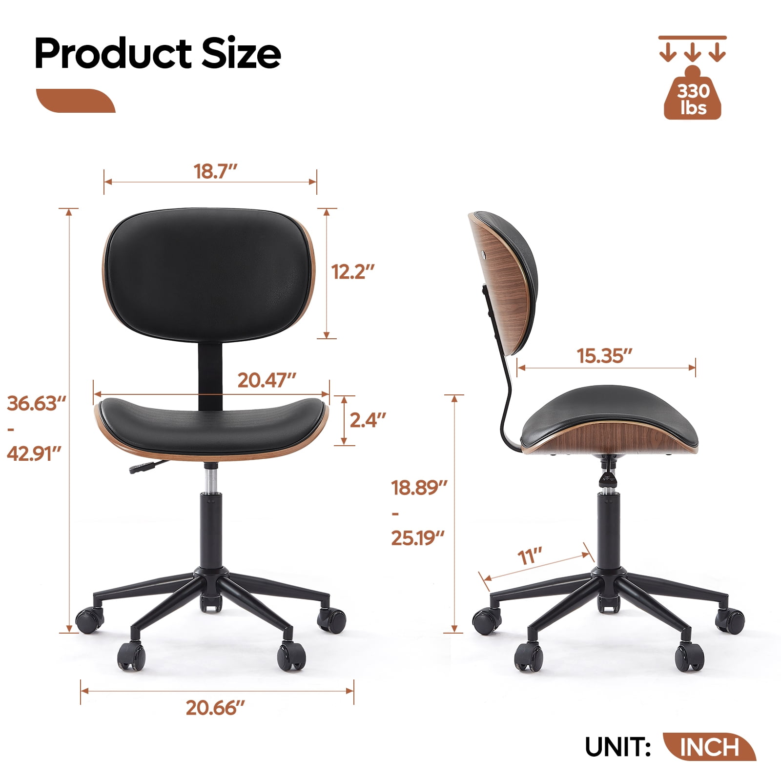 Bestier Bentwood Ergonomic Armless Office Desk Chair with Wheels, Comfy Computer Chair with Lumbar Support, PU Leather Mid Back Adjustable Height 360° Rolling Swivel Task Chair No Arm for Home, Black