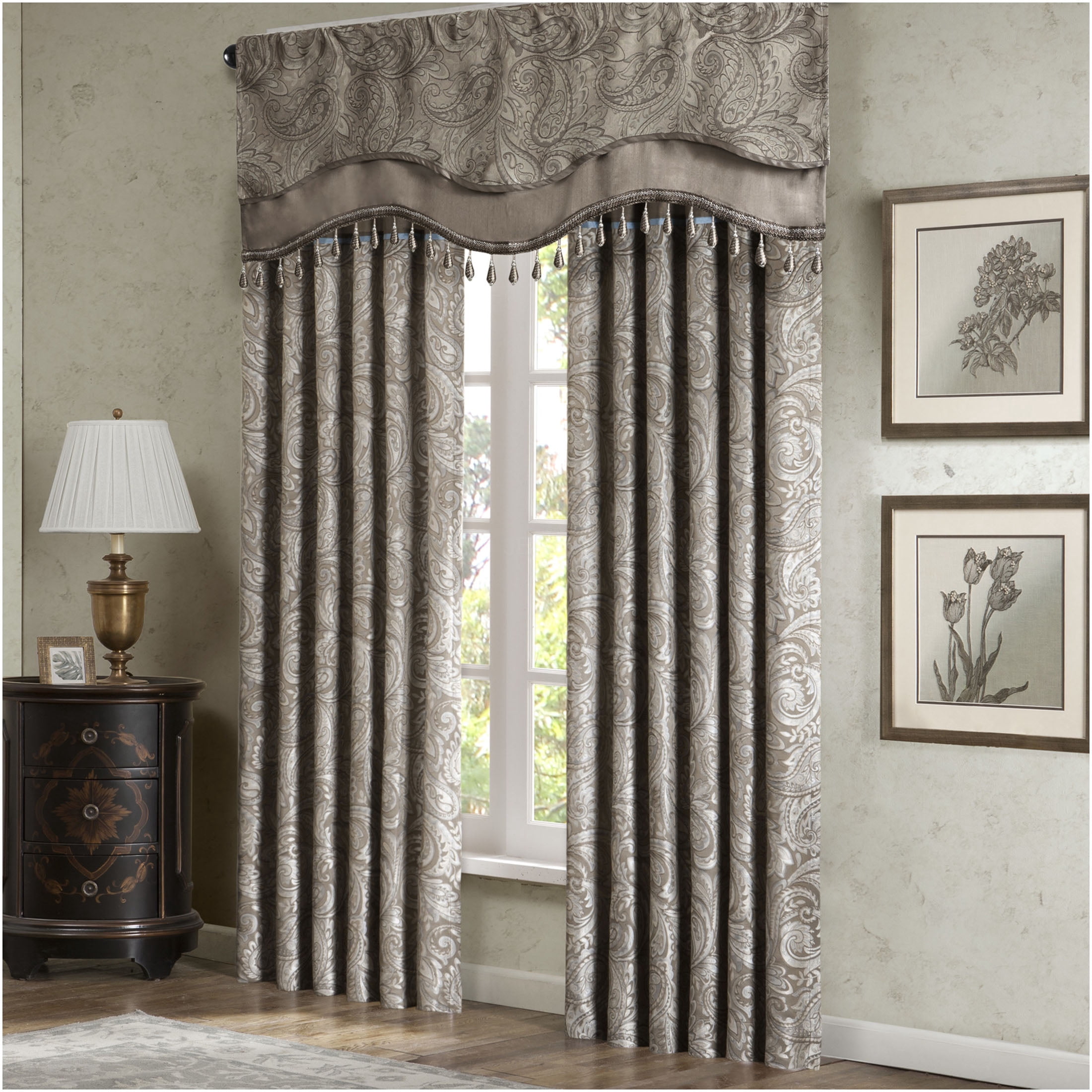 JERFIT Blue Brown Jacquard Valance with Beaded Trim, Paisley Window Curtain Valance, Rod Pocket Treatment for Kitchen Living Room, 50 x 18 Inch
