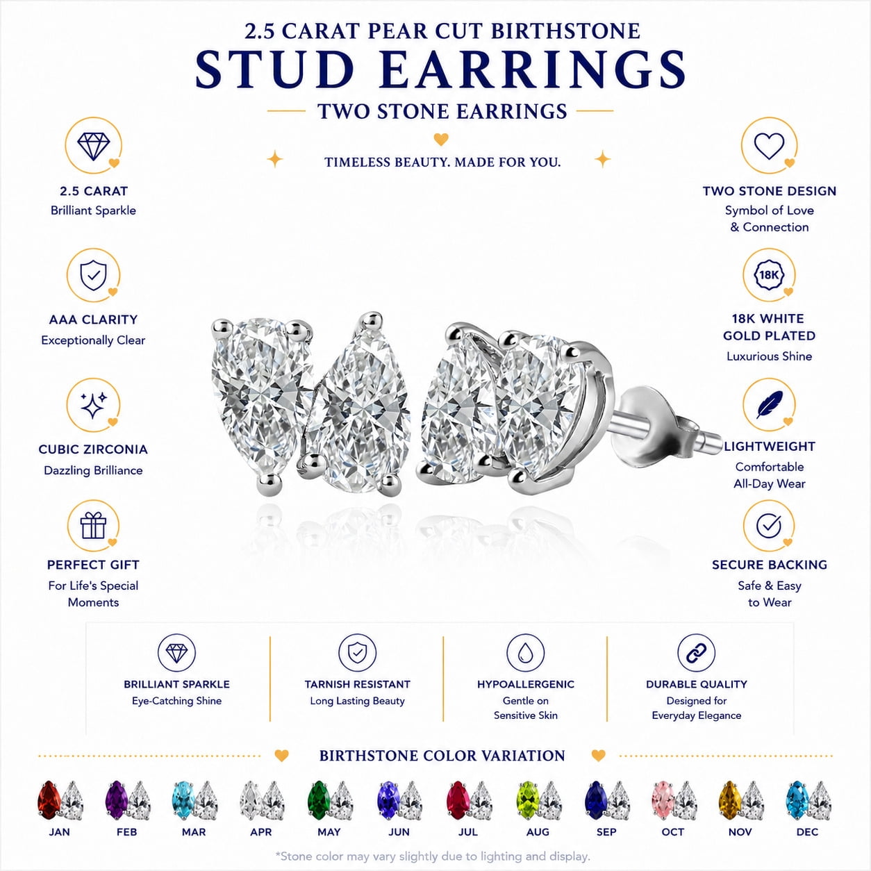 JeenMata 2.5 Carat Pear Cut April Birthstone Stud Earring - Cubic Zirconia Two Stone Earrings in 18K White Gold Plating Gift for Women