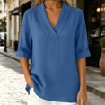 thumbnail image 5 of Women's Summer Shirts Casual Loose V-Neck Fixed Roll Cuff Short Sleeve Solid Color Blouses Lightweight cotton Linen Curved Hem Short Tops for Office Daily Wear, 5 of 7