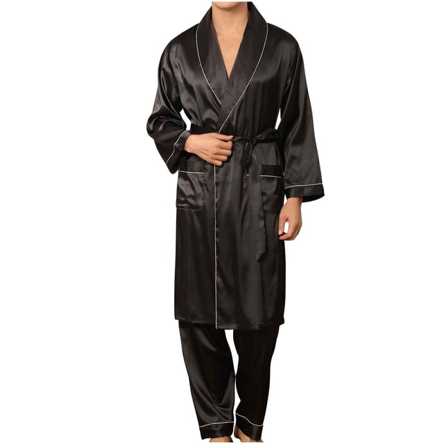 ShomPort Men's Casual Robes Set Full Length Open Front Long Sleeve Solid Color Sleepwear Smoothing Lightweight Pajamas 2 Set