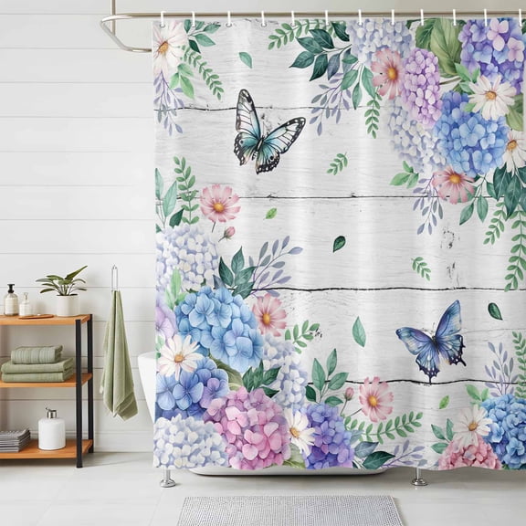 Shower Curtain Spring Flowers Butterfly Shower Curtains for Bathroom Decor, Waterproof Polyester Shower Curtain Set with Hooks, Small Stall Size 36" x 72" Green Leaf Wood Grain