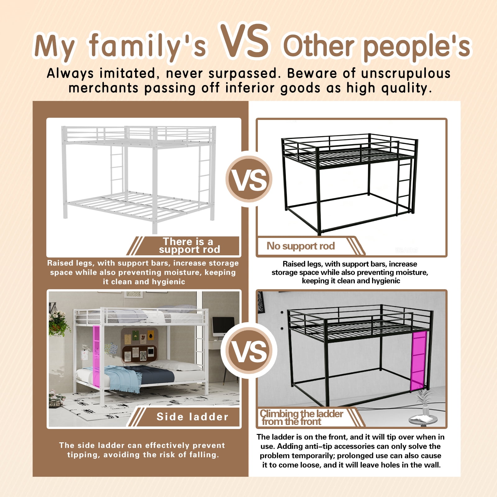 Leumius Full over Full Metal Bunk Bed Frame with Safety Rails & Ladders, Heavy-Duty Quiet Design for Teens and Adults,White