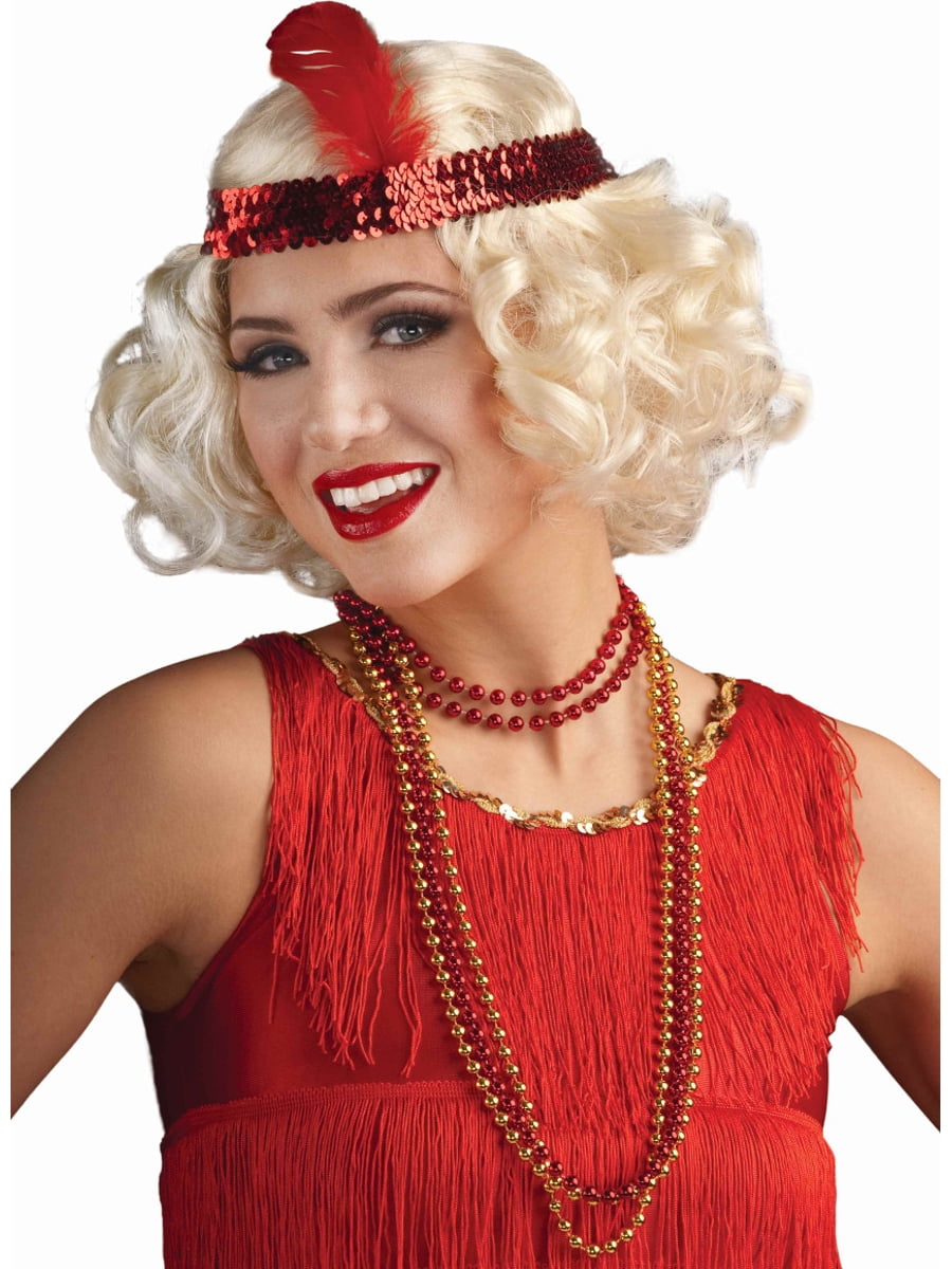 Adult Blonde 20s Flirty Flapper Girl Costume Wig With Red Feather Headband