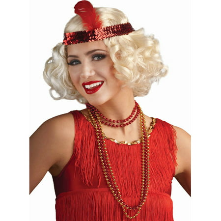 Adult Blonde 20s Flirty Flapper Girl Costume Wig With Red Feather Headband