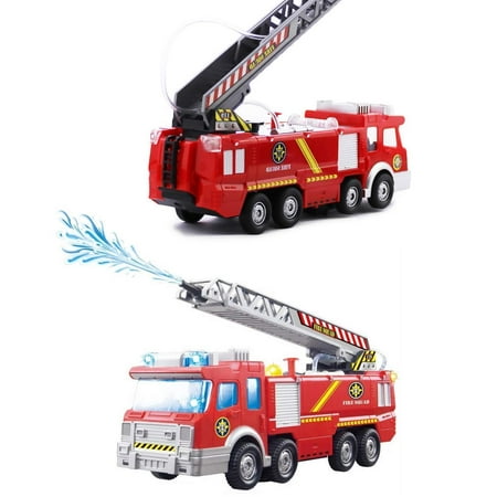 Electric Fire Truck Toy Battery Operated Electric Car Rescue Vehicle w/ Manual Water Pump Extending Ladder , Flashing Lights & Sirens Sounds , Bump & Go Action Fire Truck Toy for