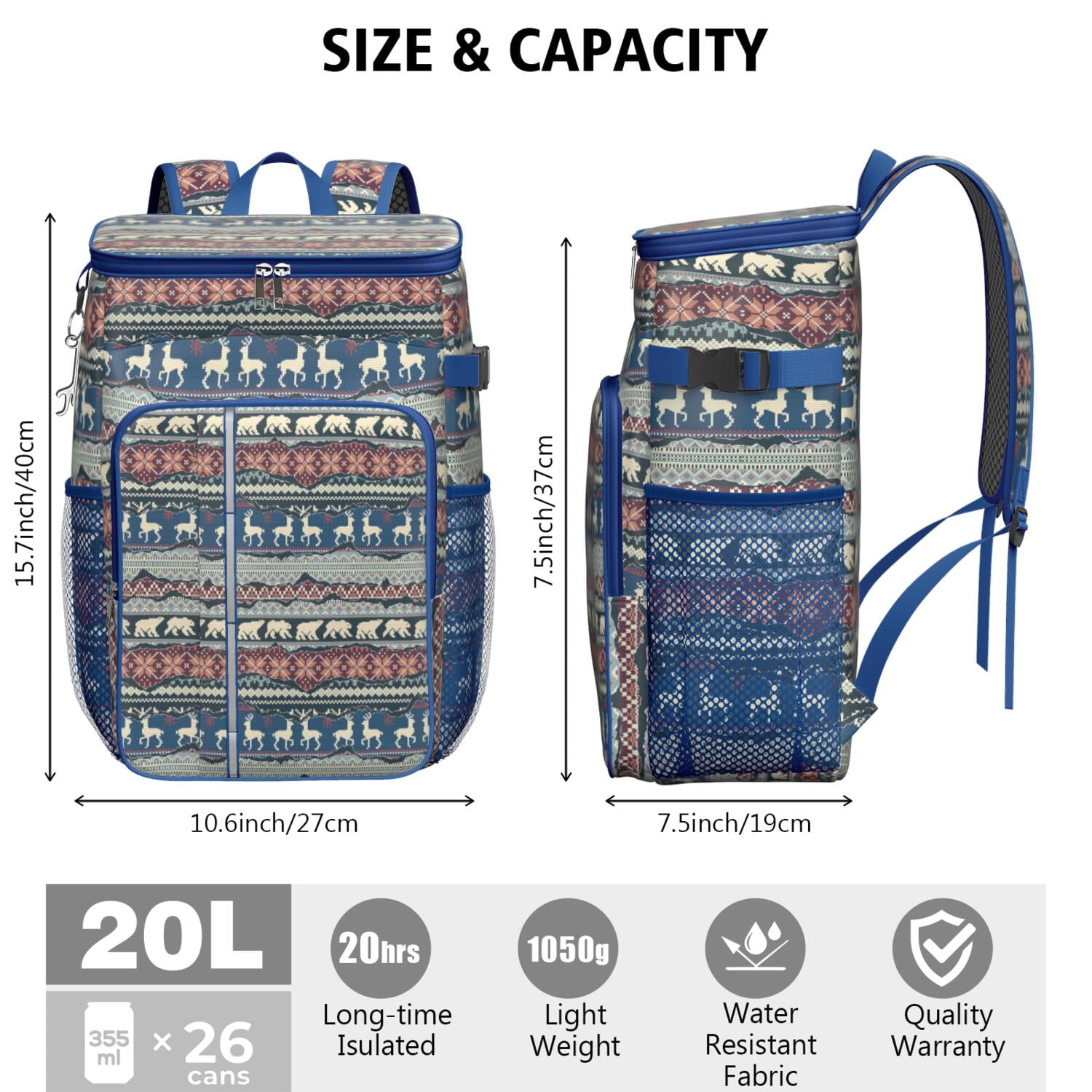 Travel Cooler Bag - Multicolor Christmas Pattern Camping Beer Cooler Backpack with Bottle Opener- Waterproof Insulated Picnic Backpacks - Cooler Bag for Beach
