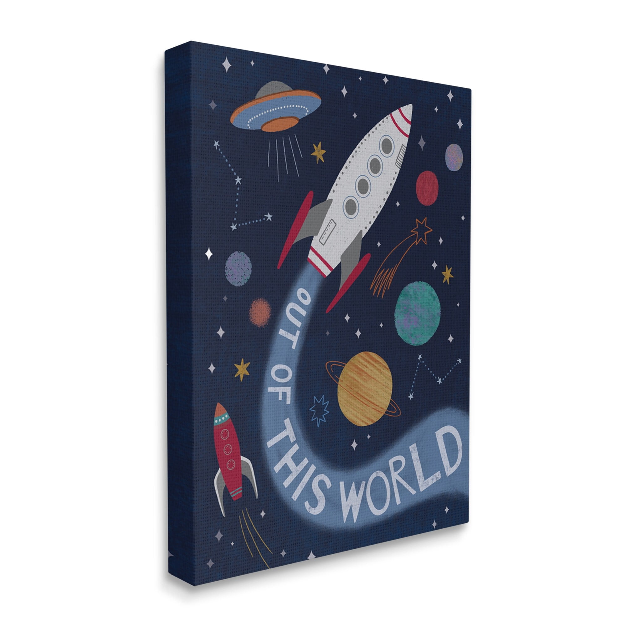 Stupell Industries Out Of This World Text Flying Rocket Ship Galaxy Canvas Wall Art, 36 x 48, Design by Nina Seven