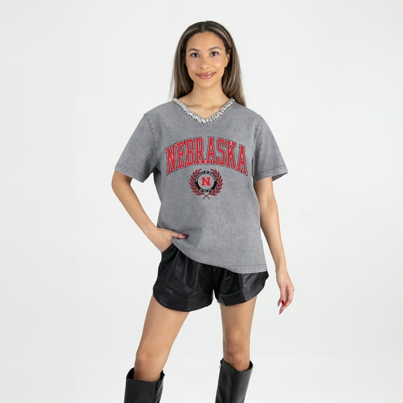 Women's Gameday Couture Gray Nebraska Huskers Iconic Edge Rhinestone V-Neck T-Shirt
