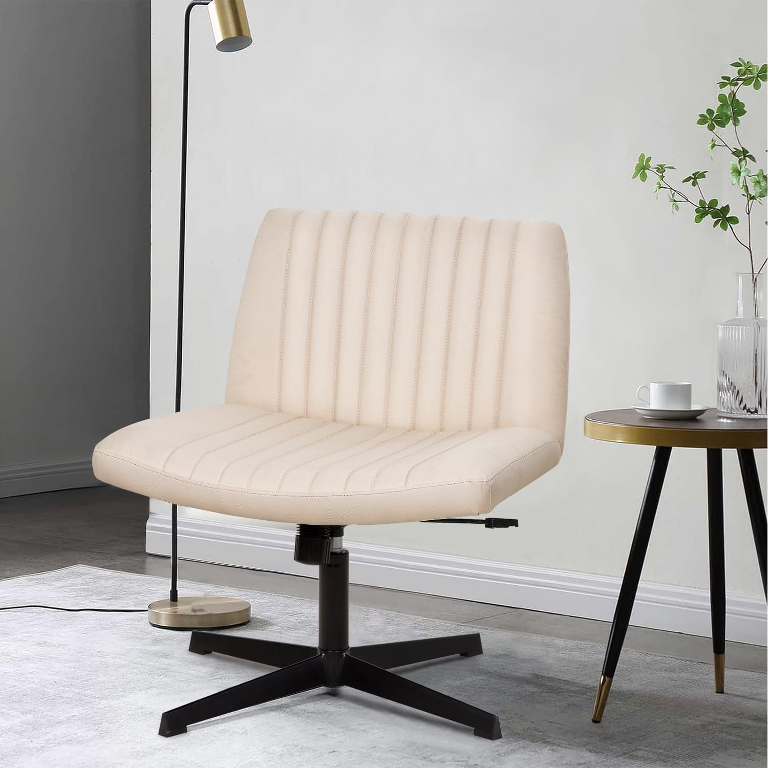 YRLLENSDAN Criss Cross Chair Wide Desk Chair Comfy Computer Chair Vanity Chair Wide Office Chair No Wheels Cross Legged Office Chair Armless Office Chair, Beige